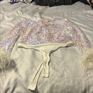 Sequin Feather Shapewear Top - White